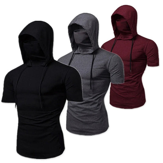 Men's Short Sleeve Gym Hoodie with Mask