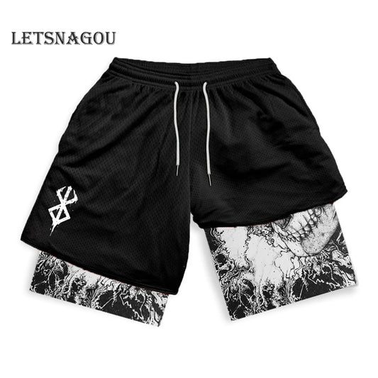 Men's Compression Shorts Anime Print Double Layer 2-in-1 Performance Shorts Breathable Quick-Drying Elastic Workout Shorts